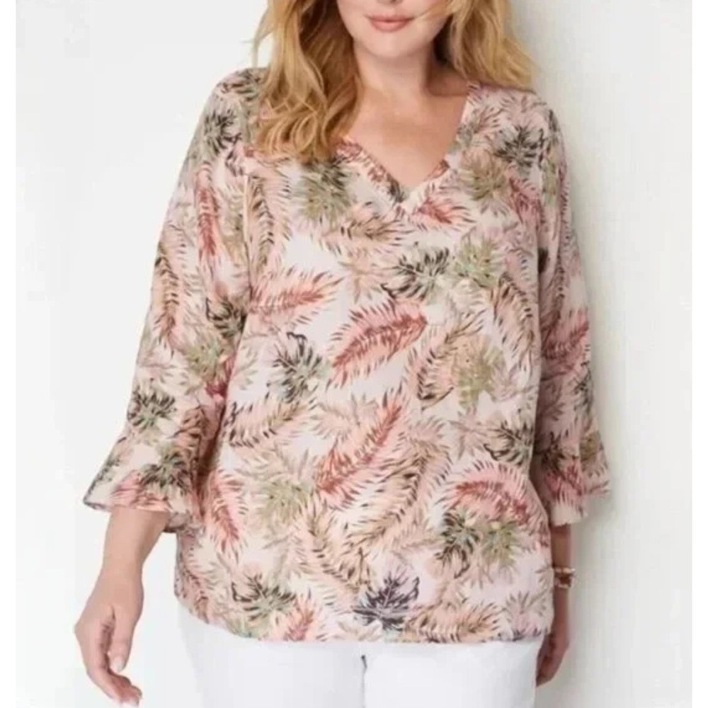 J. Jill Love Linen 100% Linen Tropical Print V-‎ Neck Bell Sleeve Blouse Size PS